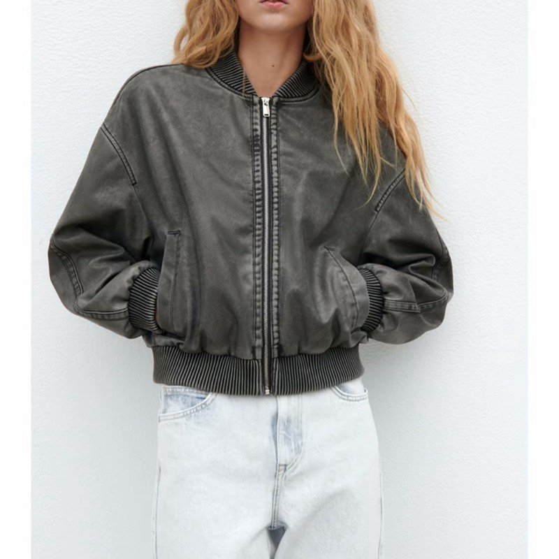 フェイクレザー レザージャケット レディース 長袖 皮革ジャンパー 襟なし ショート ジッパー 普段着 秋冬 ライダース 上質 軽量 防風 フィットコート ヴィンテージ バイク ライトジャケット 3