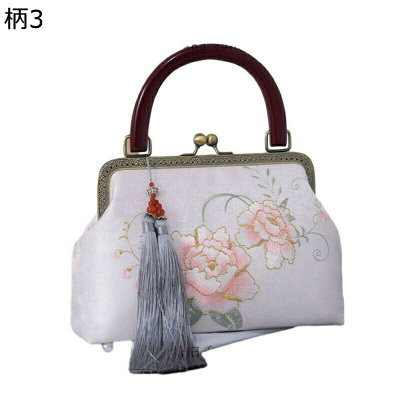 パーティーバッグ クラッチバッグ レディース 結婚式 白 青 緑 牡丹 花刺繍 フリンジ 木製ハンドル がま口 レトロ 中華風 和風 和装 着物用 成人式 ハンドバッグ 財布 女性 普段使い 卒業 発表 披露