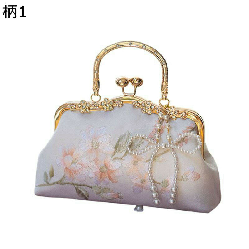 パーティーバッグ クラッチバッグ 結婚式 パールリボン 花柄 がま口 ピンク レトロ シルクサテン 