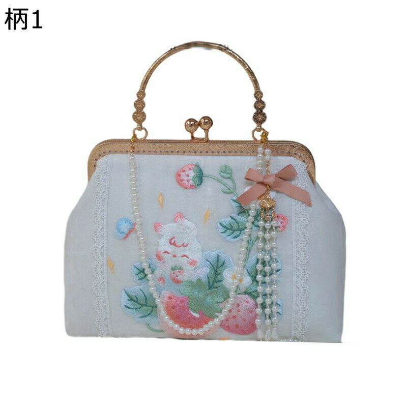 パーティーバッグ クラッチバッグ 可愛い 兎刺繍 蓮の花 イチゴ 白 ピンク パールフリンジ チェイ