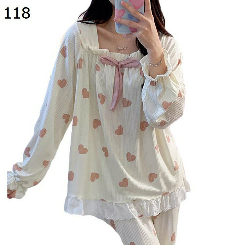 パジャマ 寝巻き 桃 蝶?び レディース リボン フリル レース 大きいサイズ ルームウェア 部屋着 2着セット ナイトウェア 長袖 ロングパンツ 春 夏 秋 冬 ペアパジャマ ロリータ風 かわいい