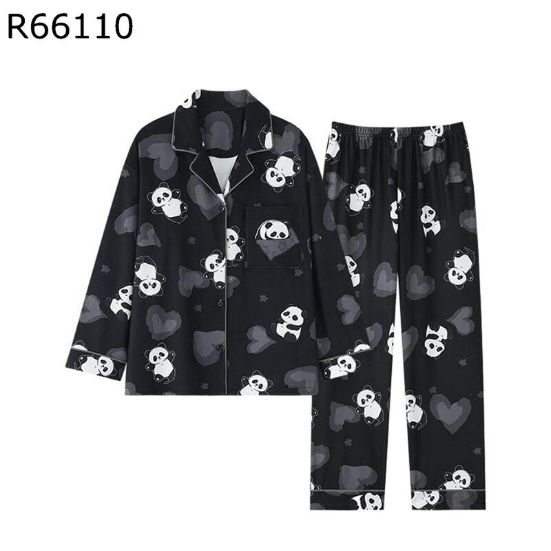 パジャマ レディース パンダ柄 ハート柄 ポケット付き 寝巻き 部屋着 2点セット 伸縮性ウエストゴム 前開き 長袖 春秋用 シャツ ロングパンツ ポケット付き 肌触り良い お姫様 可愛い 女性用