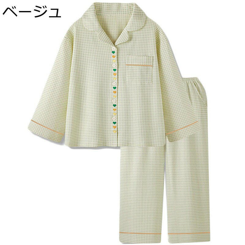 パジャマ レディース 綿100% 格子 ハート柄 寝巻き 部屋着 簡約 無地 部屋着 上下セット 前