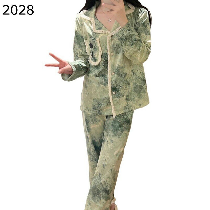 レディース 寝巻き ルームウェア ぼかし染 ダメージ 胸ポケット付き ペアパジャマ ボタン付き ナイトウェア シャツ 上下セット 長袖トップス 長ズボン 春秋服 お洒落 大人 可愛い 便利服