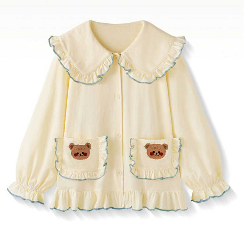 レディース ルームウェア 熊 フリル セーラー襟 クマ柄 上下セット パジャマ 前開き ポケット付き シャツ 春秋向き 部屋着 寢巻き 寝衣 ロングパンツ おしゃれ 通気性 家着 誕生日 女性用 普段用