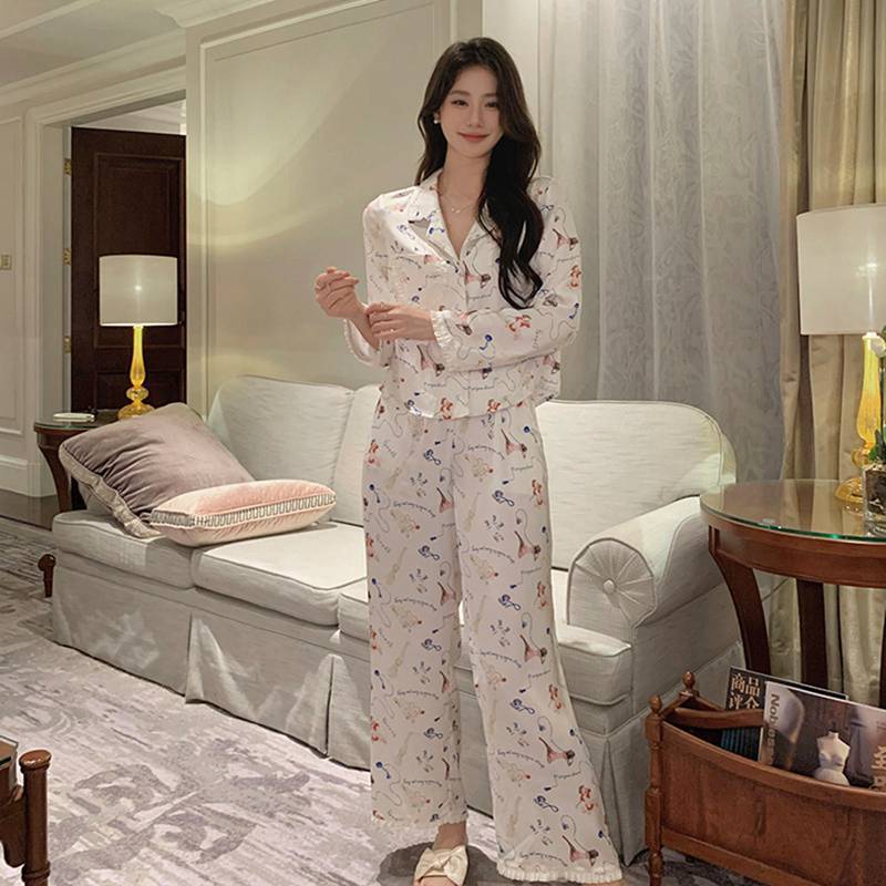 パジャマ レディース レーヨン プリント ルームウェア 寝間着 2点セット 伸縮性ウエストゴム 前開き 長袖 春秋服 シャツ ロングパンツ 肌触り良い 森ガール シンプル トレンド ふんわり 柔軟性
