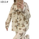レディース ルームウェア 熊 クマ柄 可愛いクマ 上下セット パジャマ 前開き シャツ 春秋服 部屋着 寢巻き 便利服 トップス 長ズボン ペアパジャマ ファッション お姫様 姫系 lolita 寝間着 普段着(4)