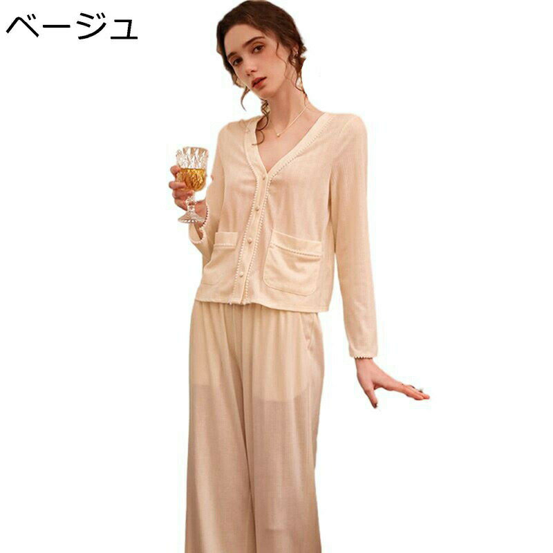 レディース ルームウェア Vネック ポンポン付き ポケット付き 上下セット パジャマ 前開き 春 夏 秋 冬 部屋着 寢巻き 長袖トップス 長ズボン ペアパジャマ かわいい 優しい 婦人服 普段着