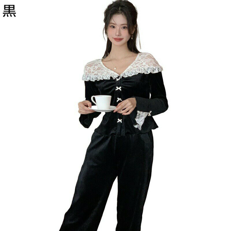 レディース 寝間着 寝巻き ペアパジャマ 蝶?び ベルベット リボン フリル レース 2着セット 長袖 長ズボン 伸縮性ウエストゴム 春秋着 便利服 お洒落 柔らか 姫系 お嬢様風 可愛い 部屋着 日常