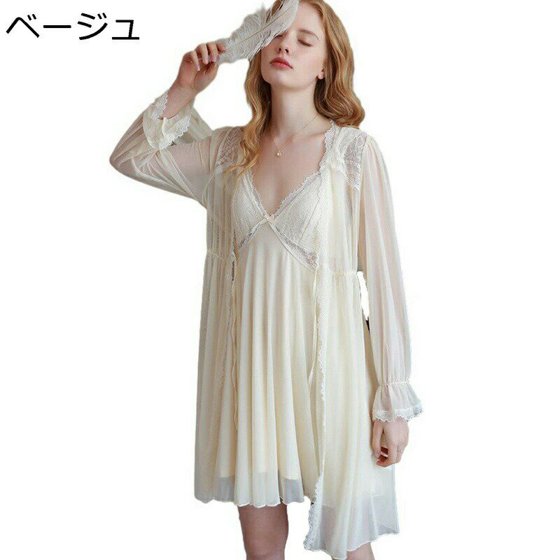 キャミソール レディース 蝶?び リボン 花柄 レース ルームワンピース パジャマ Vネック 長袖アウター ..