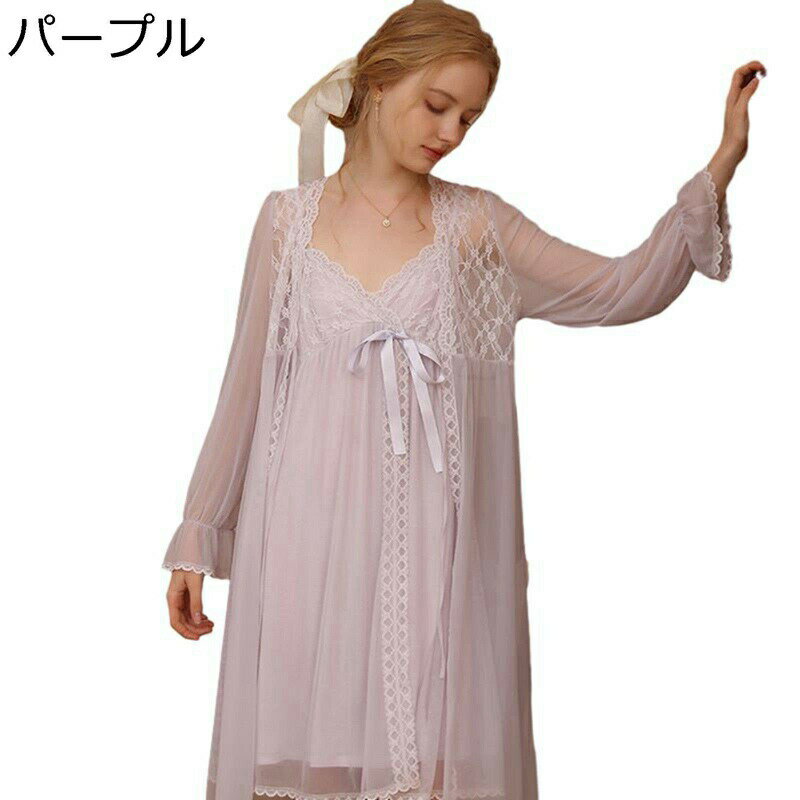 キャミソール レディース Vネック 蝶?び リボン フリル 花柄 レース ルームワンピース パジャマ 長袖ア..