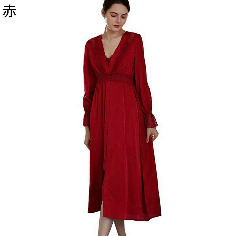 キャミソール レディース 花柄レース Vネック セクシー シルク ルームワンピース パジャマ 長袖アウター 前開き ナイトウェア 春秋服 部屋着 寢巻き 肌着パジャマ か柔らかい肌触り フランス風