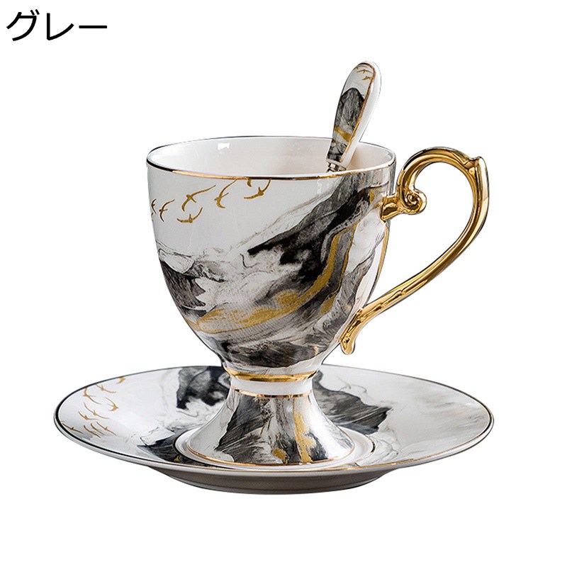 コーヒーカップ Tea Set 山水風 コップ プレート 皿 金箔押し ボーンチャイナ 朝食ミルクマグ スプーン付き 紅茶カップ ミルクカップ ティー コーヒー 兼用 陶器 エレガント イギリス 耐熱