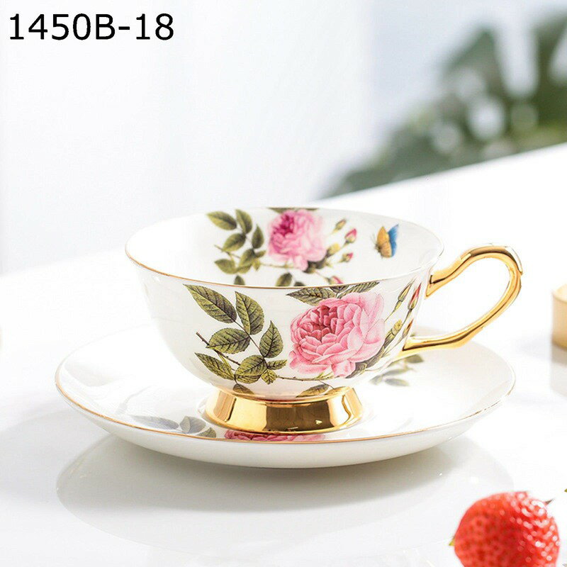 ティー カップ & ソーサー セット いちご柄 花柄 チェリー柄 花柄 バラ柄 金箔押し カップ 珈琲カップ 1個セット ティー コーヒー 兼用 セラミック 田園風 イギリス エレガント かわいい ヨーロッパ 耐熱