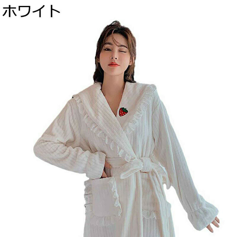 バスローブ フランネル レディース フリース ナイトガウン もこもこ 秋冬 保温 暖かい ロング丈 ネグリジェ 襟レース 刺繍 可愛い ワンピースパジャマ ベルト付き ふわふわ ふんわり お風呂上がり