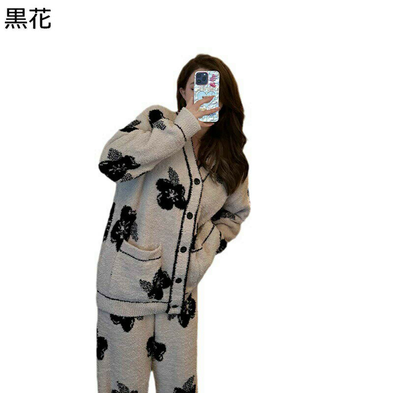 パジャマ 花柄 もこもこ レディース ルームウェア ボアフリース 二点セット 前開き カーディガン ふわふわ 起毛 可愛い 厚手 保温 寝巻き ナイトウェア 冬用 ゆったり おしゃれ Vネック 女性用