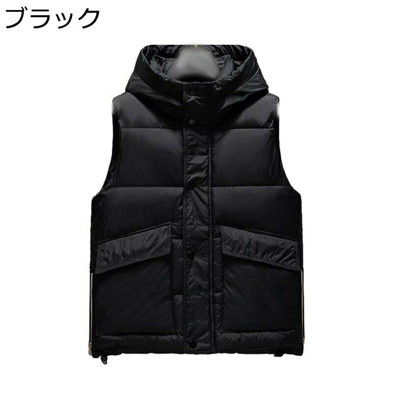 秋冬 中綿ベスト メンズ 防寒ベスト レイヤード アウター フード付き 防風 保温 ノースリーブ チョッキ シンプル 無地 大きいサイズ カジュアル スポーツ 軽量 アウトドア キャンプ バイク 男女兼用