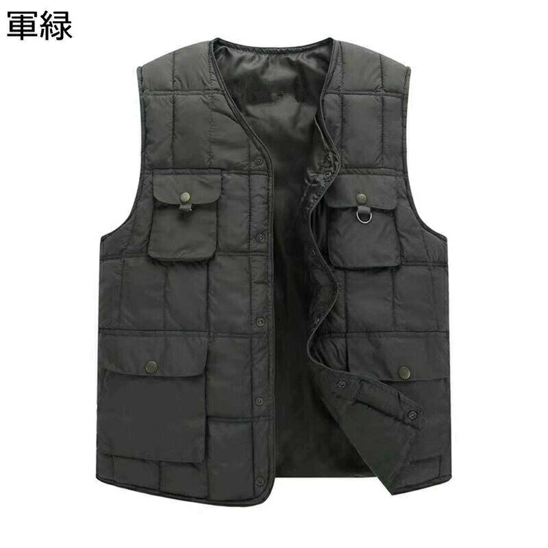 楽天kcreateフィッシングベスト メンズ 中綿ベスト ダウンコットン 秋冬 Vネック 多ポケット アウトドア 防寒 暖か トップス チョッキ ジレ 綿入り 袖なし カジュアル ビジネス 普段着 釣り ウオーキング