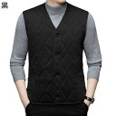 ダウンコットンベスト アーガイル柄 メンズ ボタン付き フェイクファー ポケット付き Vネック 襟なし パファーベスト インナーベスト 冬用 あったか 上着 無...