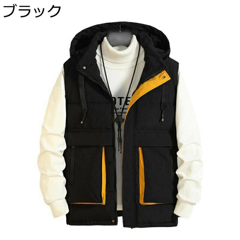 　　　 ◆◇◆人気の秘密◆◇◆ 【中綿ベスト】暖かく、軽くておしゃれなダウン風の中綿ベストは着心地がとても良く、普段のファッションスタイルに合わせていただける作りとなっております。 【おしゃれでファッション】トレンドの欧米風メンズダウンベストです。タートルネックは寒い冬から首を守ることができます。小物や携帯などが入れられて、便利なサイドポケットもあります。背中のすそのゆるやかなラウンドカットは、スタイル良く魅せ、防寒性とデザイン性を兼ね備えています。 【特徴】ノースリーブデザイン、拘束しないで、動きやすいです。ファッション、スタンダードなシルエットなのですっきりと着ることができます。 【フード着脱】フード付きが取り外し可能です。ノースリーブデザイン、窮屈な感じなく、動きやすいです。ファッション、スタンダードなシルエットなのですっきりと着ることができます。 【適用場合】通勤、通学、登山、キャンプなどのアウトドア活動に使える。ビジネス、日常生活にも着れる、持ち運びにも便利です。 　　　◆◇◆注意事項◆◇◆ご覧のモニターの環境、撮影環境により実物と色味が異なって見える場合がございます。湿った状態で他のものと擦り合わせると色が移る恐れがあります。濃色品の洗濯時は、白色、淡色と分けて洗ってください。説明 ★★★★★ご来店ありがとうございます★★★★★ 商品の仕様 「素材構成」表地：ポリエステル，裏地：ポリエステル，詰め物：中綿。 「適用性別」男性/メンズ 「適用季節」春/秋/冬 【推奨サイズ】 「M」 身長 160-170cm / 体重 40-45kg 「L」 身長 165-175cm / 体重 45-60kg 「XL」 身長 175-180cm / 体重 60-67.5kg 「2XL」 身長 180-185cm / 体重 67.5-75kg 「3XL」 身長 185-190cm / 体重 75-82.5kg 「4XL」 身長 190-195cm / 体重 82.5-90kg 「5XL」 身長 190-200cm / 体重 90-100kg 【注意】 1. 日本通常サイズより1サイズ小さいので、サイズ表を確認するようにお願いします。ゆったりした服が好きなら、もっと大きいサイズを適切に選んでください。 2. サイズチャートのデータは参考値であり、採寸方法が手作り測量しましたので、1-3cm誤差がある場合がございます。予めご了承ください。 3. 発送上の状態によって商品がシワになる場合がございます。予めご了承くださいません。 4. 撮影シーンの光、モニターの明るさなどの場合によって、少々色味は写真と異なる所がありますのでご了承ください。 ご注意：※パッケージ内容はベストのみで、他のアクセサリーなどは含まれていません。