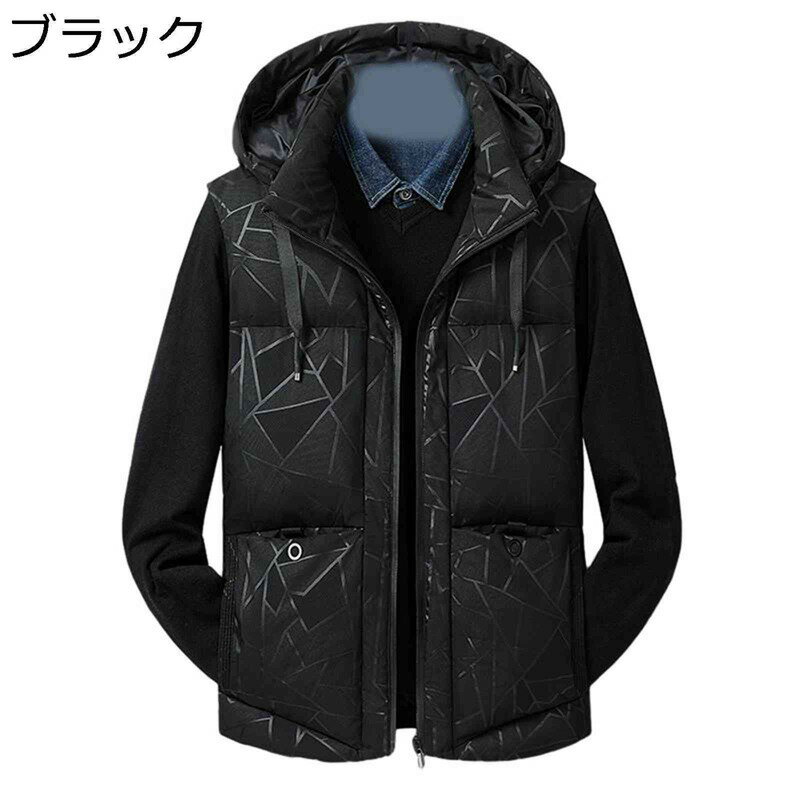 秋冬 中綿ベスト フード着脱可 厚手ベスト ダウンコットン 防風 防寒対策 袖なし チョッキ ジレ レイヤ..