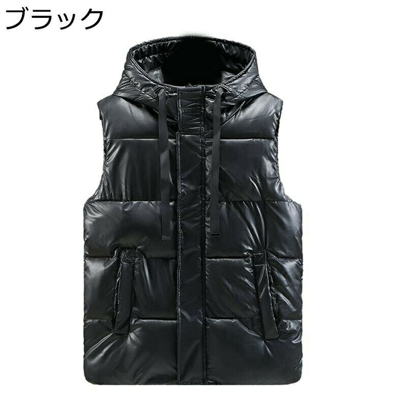 ダウンコットンベスト メンズ 中綿ベスト フード付き 冬用ベスト エナメル 光沢 防水 ゆったり ビッグサイズ 綿入り 秋冬 厚 保温 暖かい 防寒性 カジュアル 日常 旅行(4)