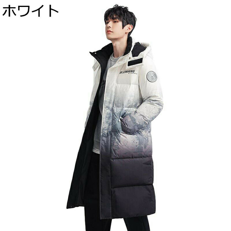 ダウンコート ロングコート メンズ カップル ロング丈 フード付き 膝丈 ダウンジャケット 90％ダウン 冬服 カジュアル おしゃれ 腕章 英字柄 ゆったり 厚手 防風 防寒 暖かい 保温性