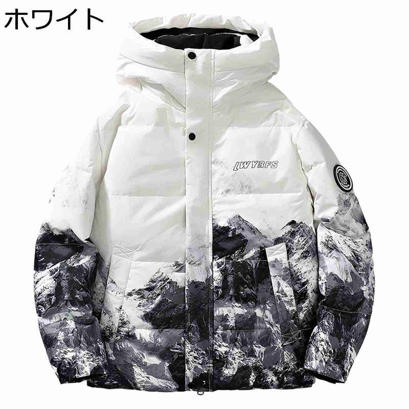 ダウンジャケット ダウンコート メンズ 冬用ジャケット 90%ダウン 韓国風 おしゃれ 雪山 サッカープリント 腕章 厚手 防寒着 保温性 暖かい 防水 カジュアル ストリート カップル 冬物