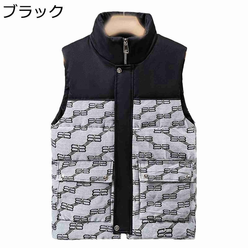 　　　 ◆◇◆人気の秘密◆◇◆ 【おしゃれでファッション】トレンドの欧米風メンズダウンベストです。タートルネックは寒い冬から首を守ることができます。小物や携帯などが入れられて、便利なサイドポケットもあります。背中のすそのゆるやかなラウンドカットは、スタイル良く魅せ、防寒性とデザイン性を兼ね備えています。 【中綿ベスト】高品質コットン生地で、柔らかくて着心地も良いです。真冬の寒さにも耐えられる温かさを維持したダウンコットンベストです。保温性の高さに期待ができるので、秋から春までロングシーズンに着用可能です。 【特徴】ノースリーブデザイン、拘束しないで、動きやすいです。ファッション、スタンダードなシルエットなのですっきりと着ることができます。 【立ち襟】ファッションな詰襟の設計、首まで暖かくなる。クラシックなスタンドアップカラーデザインは、冷たい空気の侵入を効果的にブロックし、暖かく保つことができます。 【適用場合】すべての年代にフィットする。通勤通学、外出、アウトドア、旅行、カジュアルルームウエアとしても、ワークウェアや作業着しても。ダウンベストは、どんなコーデにも合う事間違いなし！ 　　　◆◇◆注意事項◆◇◆ご覧のモニターの環境、撮影環境により実物と色味が異なって見える場合がございます。湿った状態で他のものと擦り合わせると色が移る恐れがあります。濃色品の洗濯時は、白色、淡色と分けて洗ってください。説明 ★★★★★ご来店ありがとうございます★★★★★ 商品の仕様 「素材構成」表地：ポリエステル，裏地：ポリエステル，詰め物：中綿。 「適用性別」男性/メンズ 「適用季節」春/秋/冬 【推奨サイズ】 「M」 身長 160-170cm / 体重 40-45kg 「L」 身長 165-175cm / 体重 45-60kg 「XL」 身長 175-180cm / 体重 60-67.5kg 「2XL」 身長 180-185cm / 体重 67.5-75kg 「3XL」 身長 185-190cm / 体重 75-82.5kg 「4XL」 身長 190-195cm / 体重 82.5-90kg 「5XL」 身長 190-200cm / 体重 90-100kg 【注意】 1. 日本通常サイズより1サイズ小さいので、サイズ表を確認するようにお願いします。ゆったりした服が好きなら、もっと大きいサイズを適切に選んでください。 2. サイズチャートのデータは参考値であり、採寸方法が手作り測量しましたので、1-3cm誤差がある場合がございます。予めご了承ください。 3. 発送上の状態によって商品がシワになる場合がございます。予めご了承くださいません。 4. 撮影シーンの光、モニターの明るさなどの場合によって、少々色味は写真と異なる所がありますのでご了承ください。 ご注意：※パッケージ内容はベストのみで、他のアクセサリーなどは含まれていません。