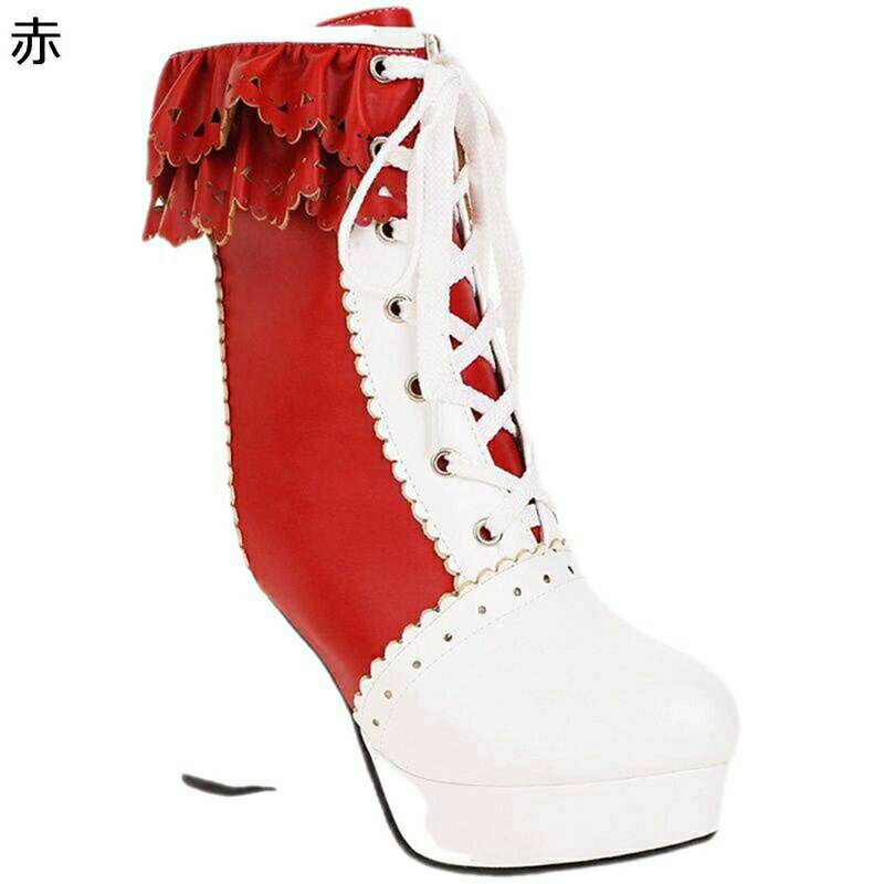 ショートブーツ ロリータ風 姫系 21-19.5 cmcm レディース 子供 フリル レース 編み上げ ブーティ ハイヒール9cm パッチワーク 大きいサイズ 細見え 防水 おしゃれ 秋靴 冬靴 仮装 女装