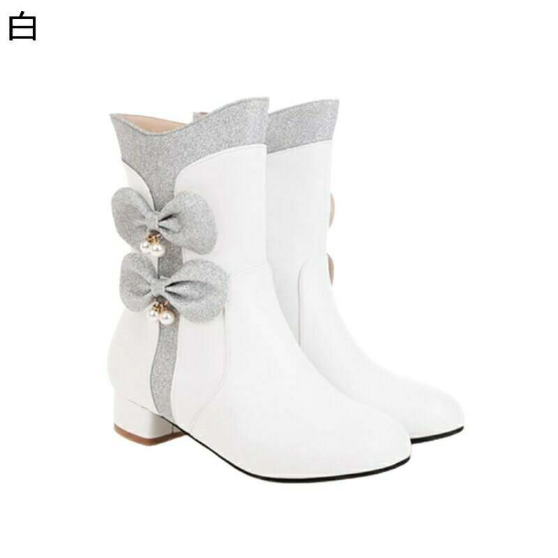 ショートブーツ ロリータブーツ リボン パール ローヒール3cm レディース 子供 キッズ 大きいサイズ 姫系 お姫様 可愛い 親子 パッチワーク ジッパー 秋冬 エレガント お嬢様風 lolita