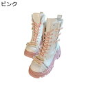 ミドルブーツ 編み上げ ロリータ 姫系 白 ピンク 厚底 レディース プラットフォーム レース フリル リボン パール 可愛い 原宿 甘ロリ ジップアップ 秋冬 無地 快適 身長アップ 歩きやすい