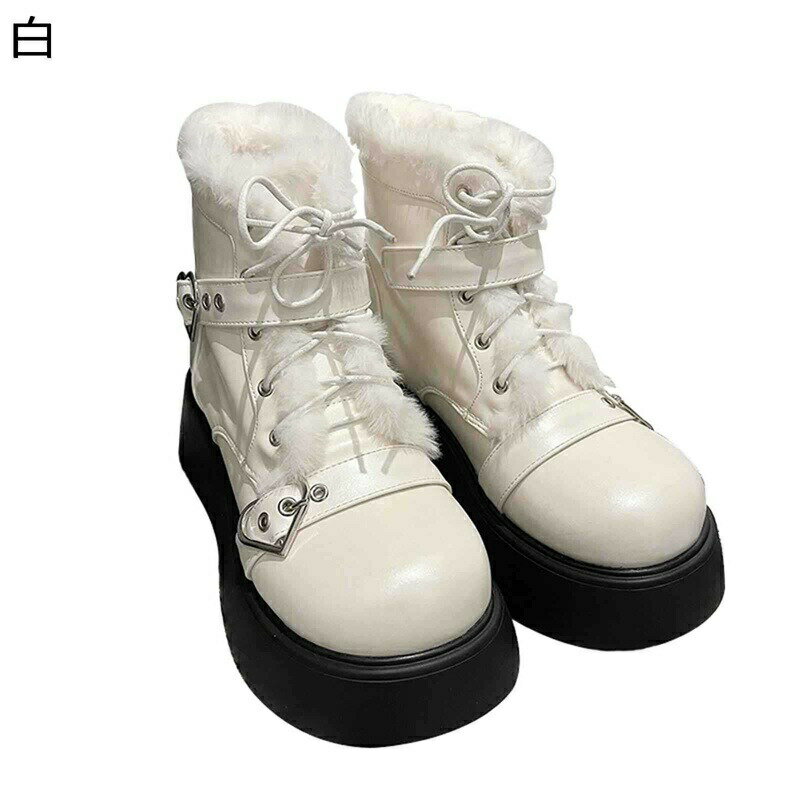 ショートブーツ もふもふ バックル ベルト レディース レースアップ ファスナー ミドルヒール プラットフォーム ラウンドトゥ 秋冬 エレガント lolita お嬢様風 姫系 花嫁 お茶会 披露宴