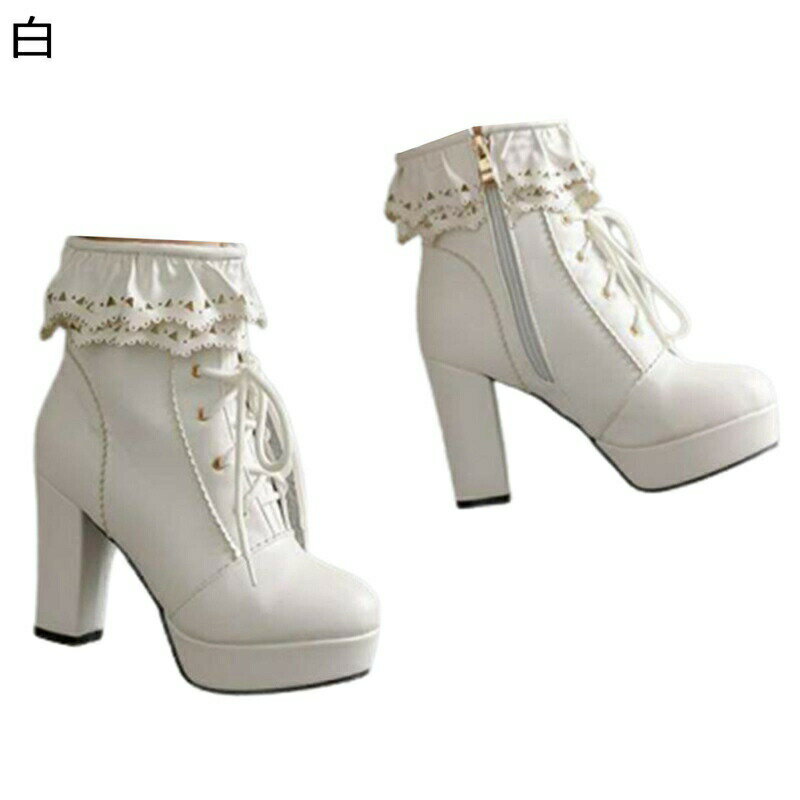 21.0-29.0cm ショートブーツ レース レースアップ 大きいサイズ レディース 短靴 ジップアップ ミドルヒール チャンキーヒール アーモンドトゥ 秋 冬 裏起毛 防寒靴 cosplay お嬢様風