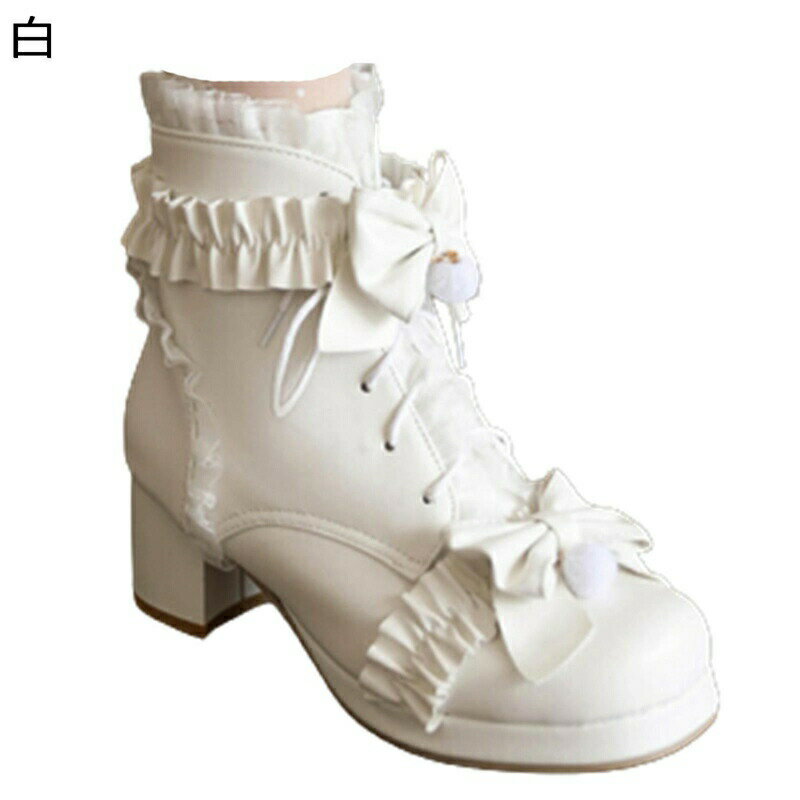 ショートブーツ ロリータブーツ ロリ姫ブーツ レディース 小さいサイズ レース 蝶結び リボン ジッパー レースアップ ミドルヒール 太ヒール ラウンドトゥ 秋冬 エレガント お嬢様風 お茶会