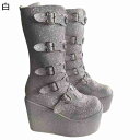 ロングブーツ ベルト モンクストラップ スパンコール 大きいサイズ レディース ハイヒール ラウンドトゥ プラットフォーム ウェッジヒール ジップアップ きらきら 秋 冬 美脚 身長アップ