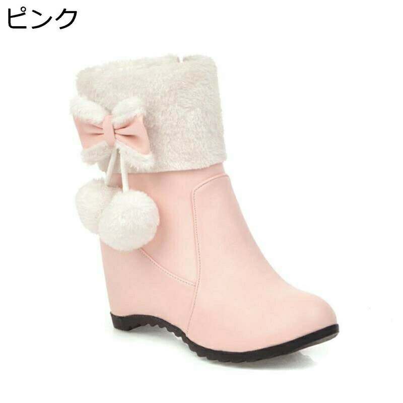 ショートブーツ lolita 大きいサイズ レディース 蝶結び リボン ポンポン付き 短靴 もふもふ ファスナー ミドルヒール インヒール アーモンドトゥ 防寒靴 あったか 秋冬 可愛い 仮装