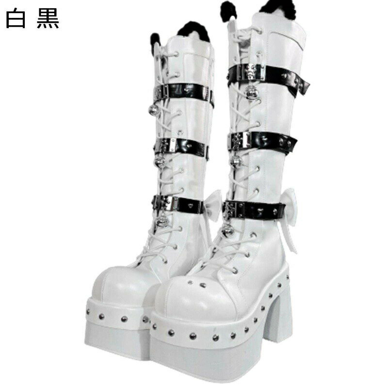 ロングブーツ メタリック 蝶結び ベルト リボン 金属 リベット レディース パッチワーク コンビ ジップ レースアップ ミドルヒール ラウンドトゥ スクエアヒール 厚底 秋冬 パンク ゴシック