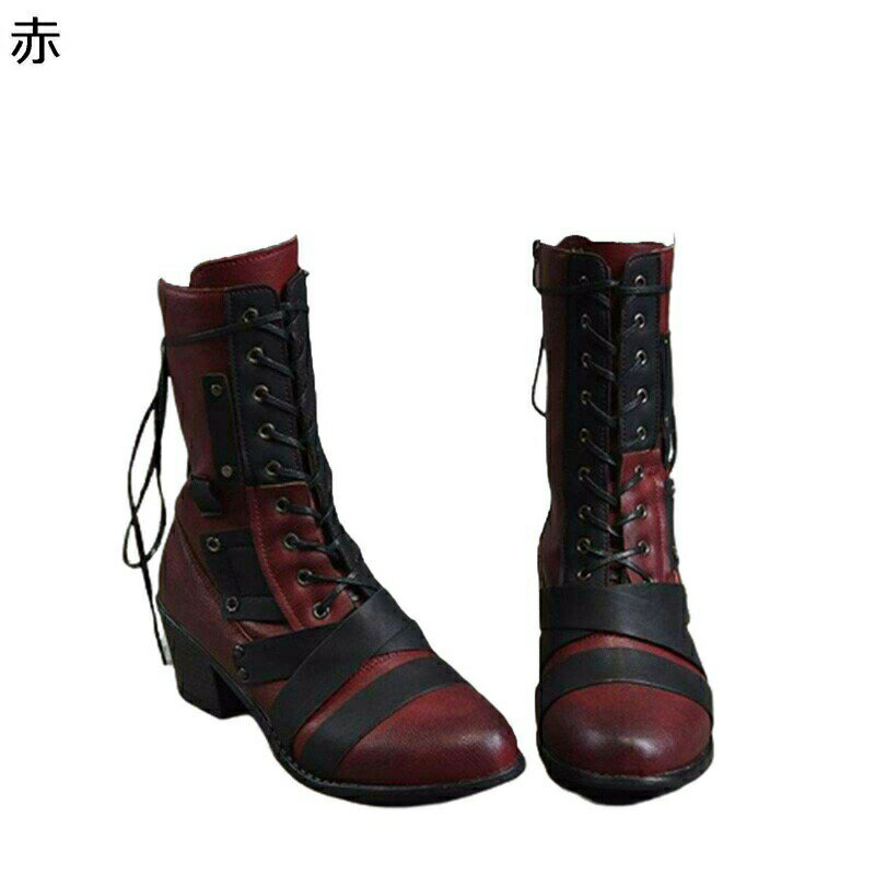 ショートブーツ レースアップ 大きいサイズ 短靴 パッチワーク コンビ レディース ショート 秋 冬 ミドルヒール アーモンドトゥ チャンキーヒール ファスナー レトロ シンプル エレガント
