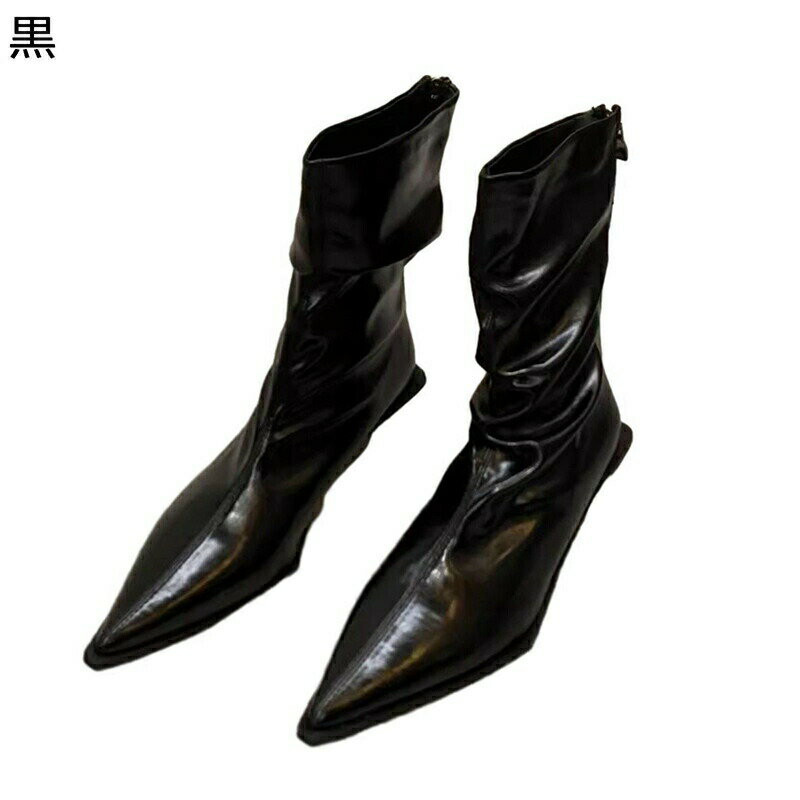 ショートブーツ ドレープ くしゅくしゅ レディース ジップアップ ミドルヒール チャンキーヒール ポインテッドトゥ 秋冬 シンプル エレガント 安定感 美脚 オシャレ お洒落 トレンド