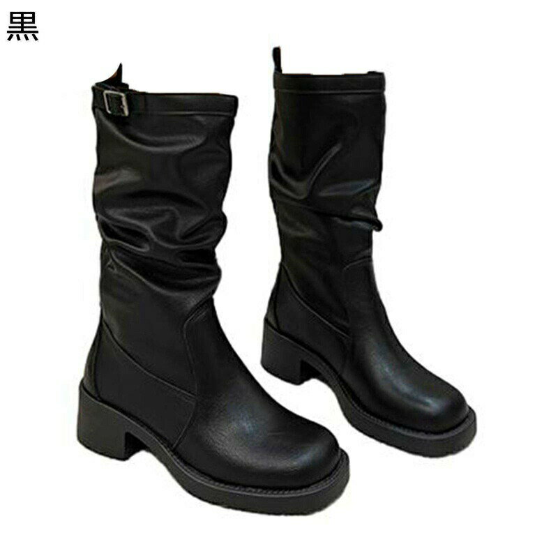 リングブーツ 秋 冬 ロングブーツ 長ブーツ くしゅくしゅ シワ 太ヒール ミドルヒール スクエアトゥ レディース 滑り止め 可愛い シンプル おしゃれ 軽便 歩きやすい 柔軟 屈曲 普段履き