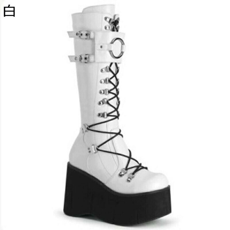 22.5-28.0cm ロングブーツ 大きいサイズ レディース 編み上げ ハイヒール モンクストラップ ベルト 秋 冬 ウェッジヒール 身長アップ ラウンドトゥ ジッパー 原宿 ギャル 欧米風 夜店