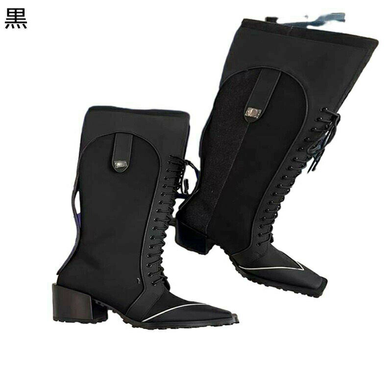 ジョッキーブーツ 編み上げ レザー 本革 レディース ロング丈 秋冬 パッチワーク コンビ 太ヒール ミドルヒール スクエアトゥ 滑り止め 走れる おしゃれ 柔軟性 痛くない 日常 普段使い