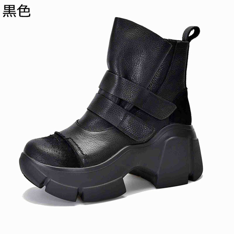 厚底ブーツ 本革 ショートブーツ レディース 袴用ブーツ 秋冬春 ベルクロ ハイカット 足細 細身 着脱簡単 滑り止め ソフト 疲れない 柔らかい 可愛い ファッション 短靴 大きい パンク ハロウィン 旅行