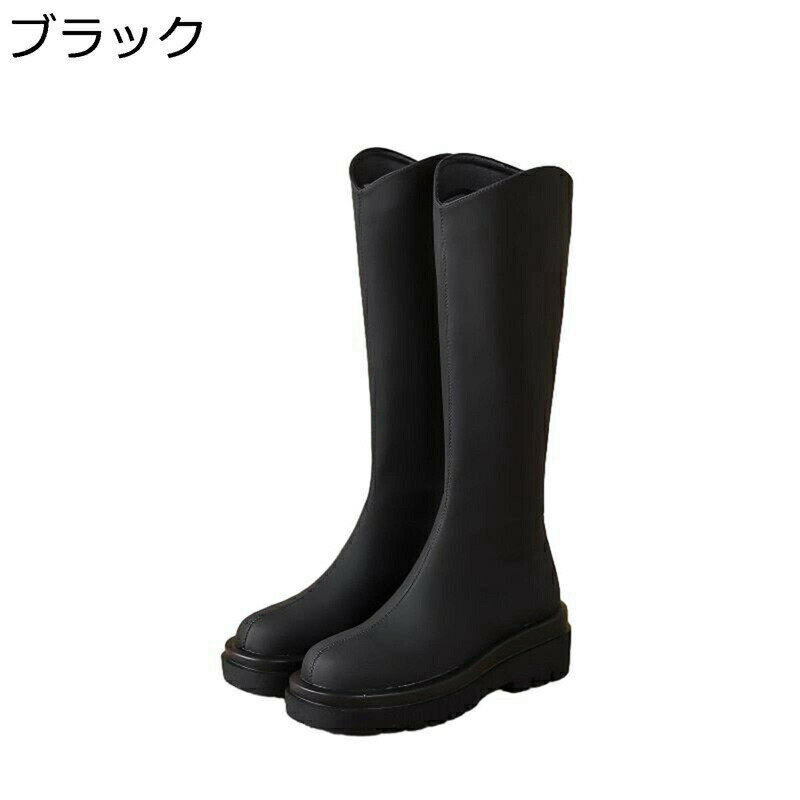 大きいサイズ レディース ブーツ 厚底 バックジップ ラウンドトゥ 小さいサイズ ヒール：6CM ロング丈 ブロックヒール 高筒ブーツ サイハイブーツ 疲れにくい 柔らかい 秋冬 PUレザー