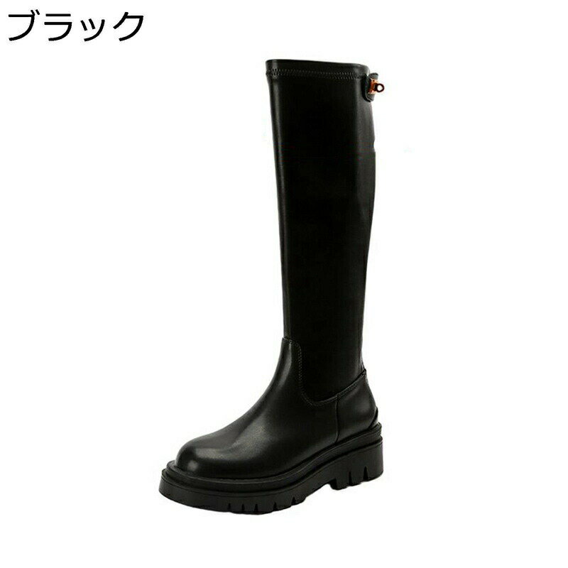 ブーツ レディース ニーハイブーツ ラウンドトゥ ロング丈 バックジッパー 厚底 ヒール：5CM ジップ サイハイブーツ 長靴 長ブーツ コンフォート 脱ぎ履き便利 秋冬 艶 カジュアル コスプレ
