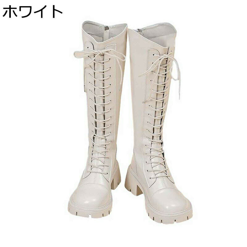 ニーハイブーツ 大きいサイズ レディース ブーツ レースアップ バックジップ 厚底 小さいサイズ ラウンドトゥ ロング丈 チャンキーヒール 6CMヒール 高筒 秋冬 コスプレ 着脱簡単 仮装