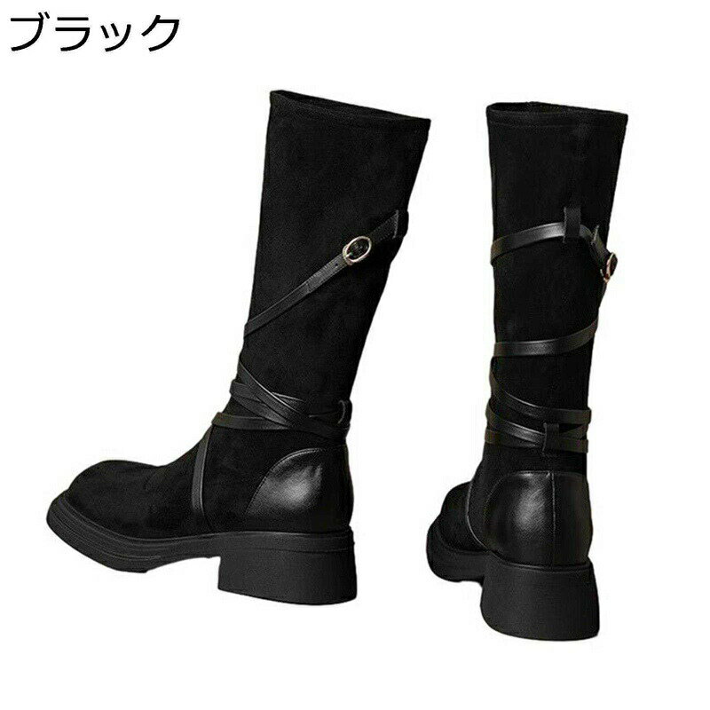 ブーツ レディース ミドル丈 スエード 編み上げ膝丈 中長ブーツ ヴィンテージ バックジップ ラウンドトゥ ローヒール 太ヒール 3CMヒール 履き心地 春秋冬 カジュアル カウガール 通勤通学