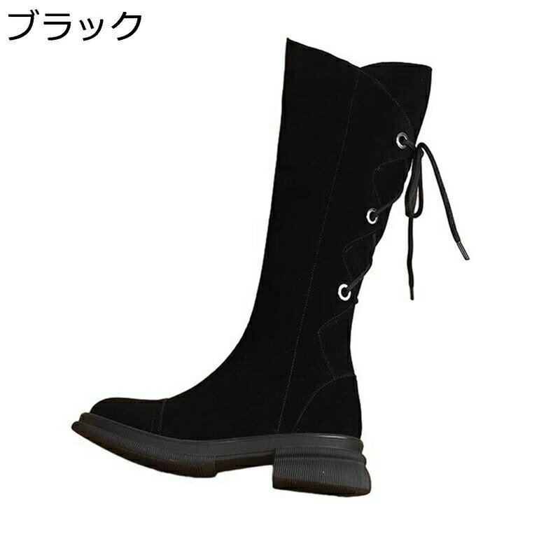 ニーハイブーツ レディース ブーツ スエード 編み上げ るトゥ ロング丈 ローヒール 太ヒール 5CMヒール レースアップ 高筒ブーツ ヴィンテージ カウガール 森ガール 秋冬用 リポン 通勤