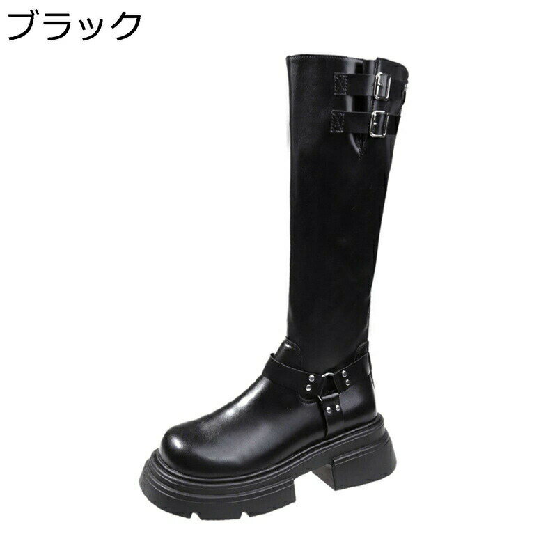 ニーハイブーツ レディース ブーツ 厚底 ラウンドトゥ バックジップ ダブルバックル付き 6CMヒール ロング丈 身長アップ 艶 長靴 長ブーツ 疲れない 柔軟性 秋冬 仮装 舞台 日常 おしゃれ